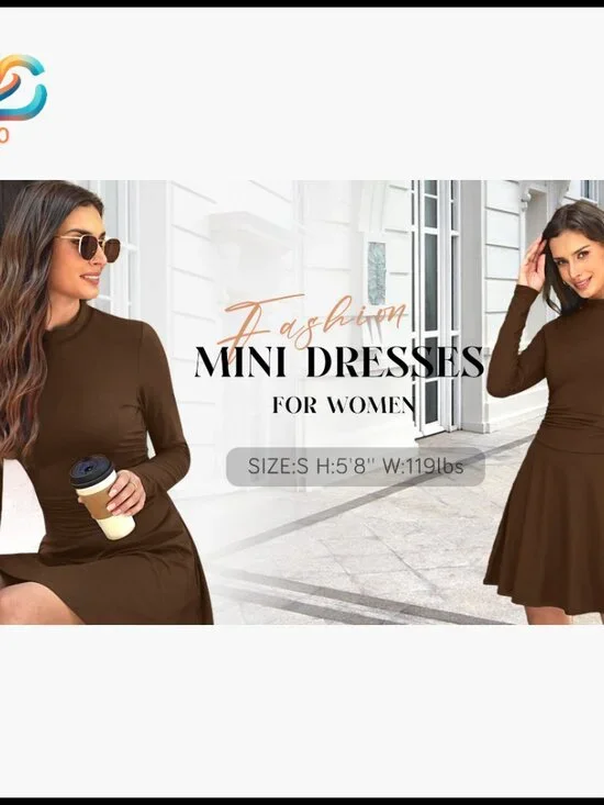 Long Sleeve Cocktail Dress Mock Neck Ruched Waist Mini Formal Party - Picture 6 of 7